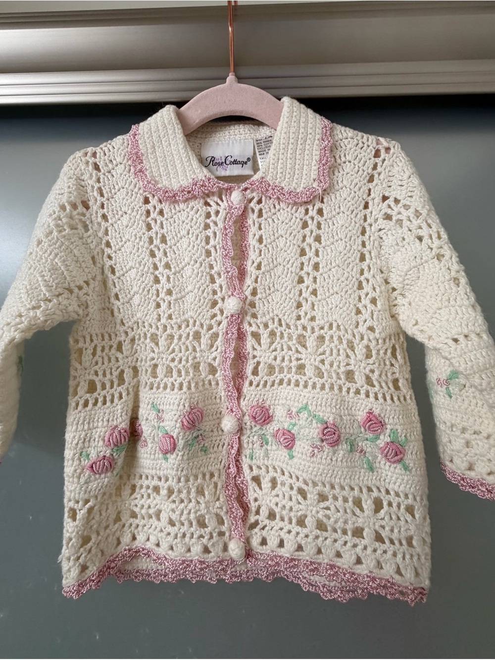 Baby Girl Cream Crochet Cardigan with Pink Trim